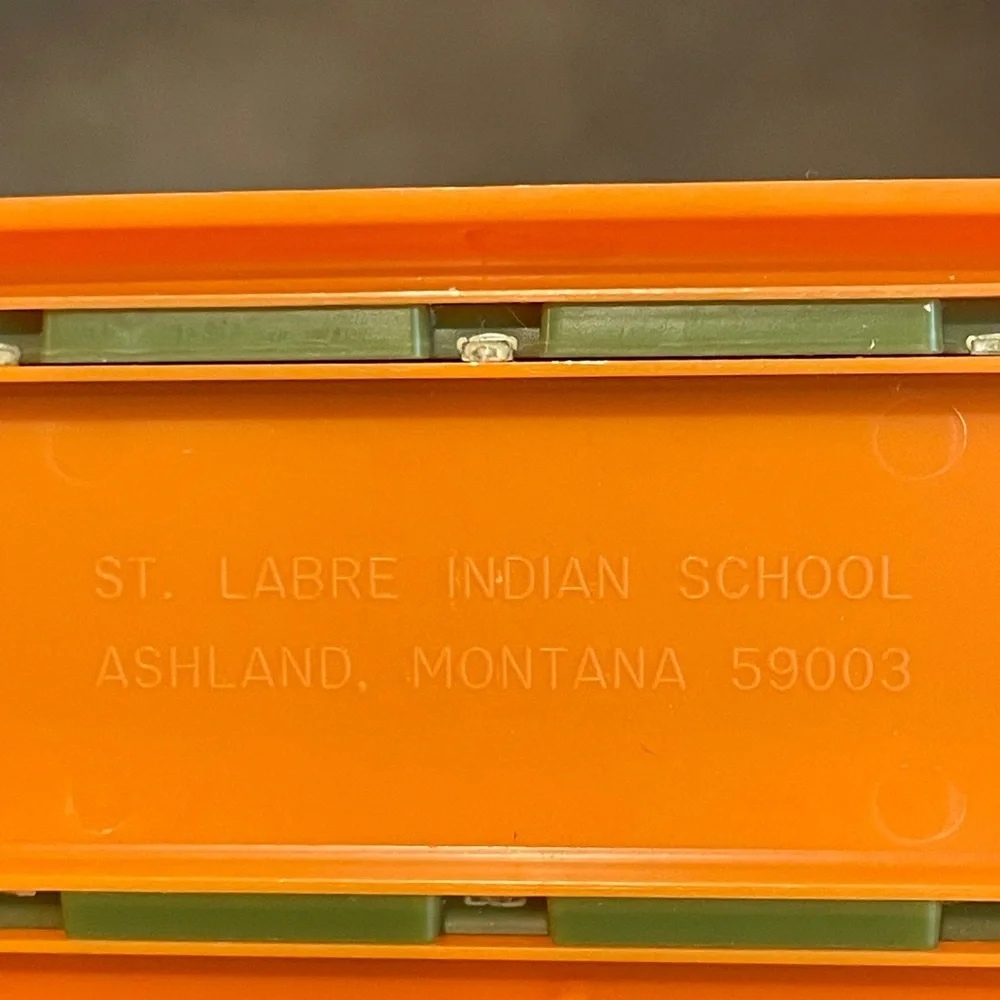 Vintage 70s St. Labre Indian School Napkin Holder Orange Green Man Deer Retro